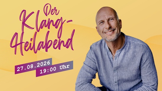 Der Klang-Heilabend mit Mitsch Kohn am 27.08.2026 um 19:00 Uhr auf gelbem Hintergrund