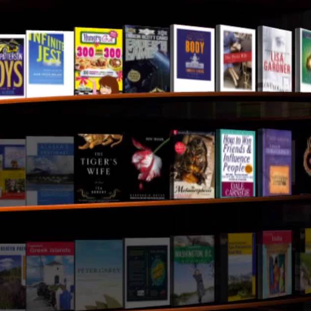 Bücherregale mit Buchcovers und Spiegelungseffekt