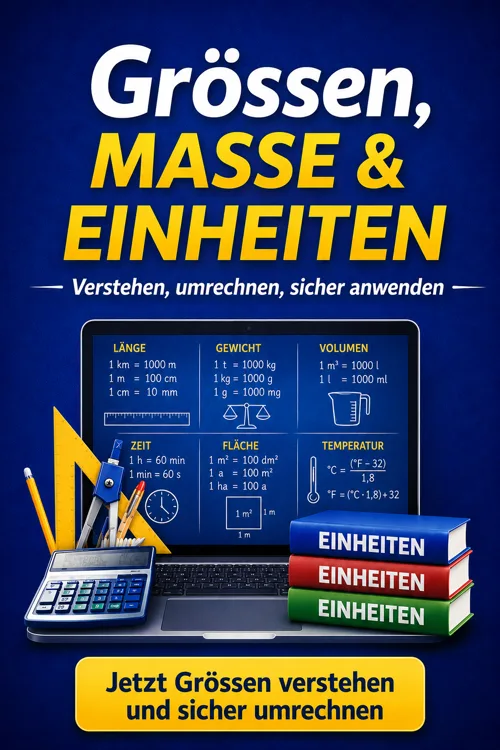 Hero-Banner für Videokurs Grössen, Masse und Einheiten mit Formeln, Laptop, Taschenrechner und Bücherstapel auf dunkelblauem