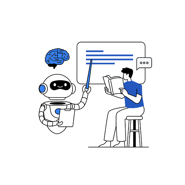 Illustration einer Person mit Dokument im Gespräch mit einem Roboter vor einer Tafel mit Diagrammen