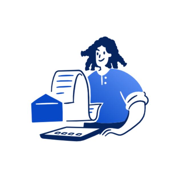 Illustration: Frau mit Dreiteilerfrisur sendet Dokumente per Drucker ab, Briefbox sichtbar