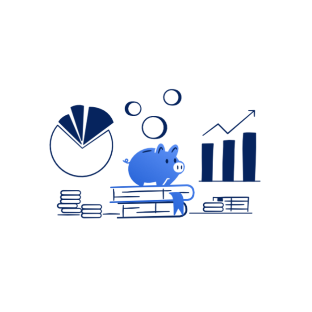 Illustration: Sparschwein auf Büchern mit Tortendiagramm, Münzstapeln und Balkendiagramm