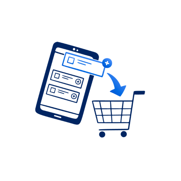 Illustration: Smartphone mit App-Liste und Pfeil zu Einkaufswagen, Online-Shopping-Konzept
