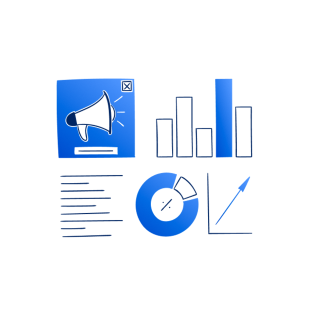 Illustration: Marketing-Dashboard mit Megafon, Balkendiagramm, Text und Kreisdiagramm