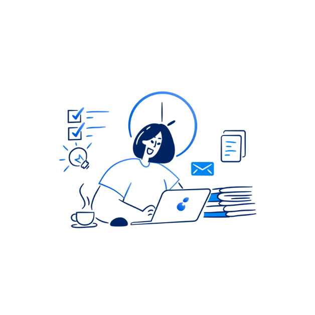Illustration: Frau mit Laptop, Aufgaben-Checkliste, Glühbirne und Dokumentenstapel auf Schreibtisch