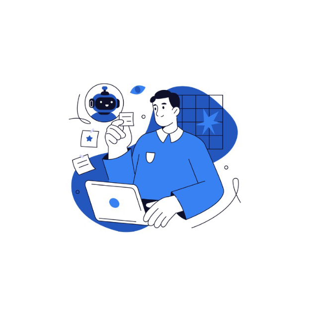 Illustration: Mann mit Laptop und KI-Roboter, moderne Technologie und Zusammenarbeit