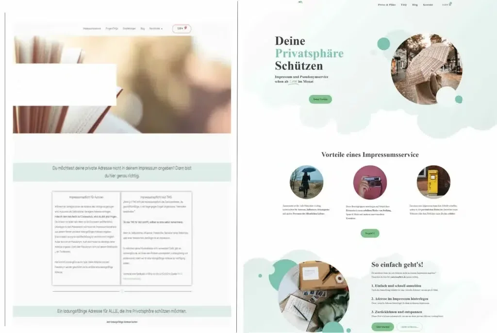 Website-Mockup eines Impressumservice mit Privatspähren-Schutz und Produktvorteilen