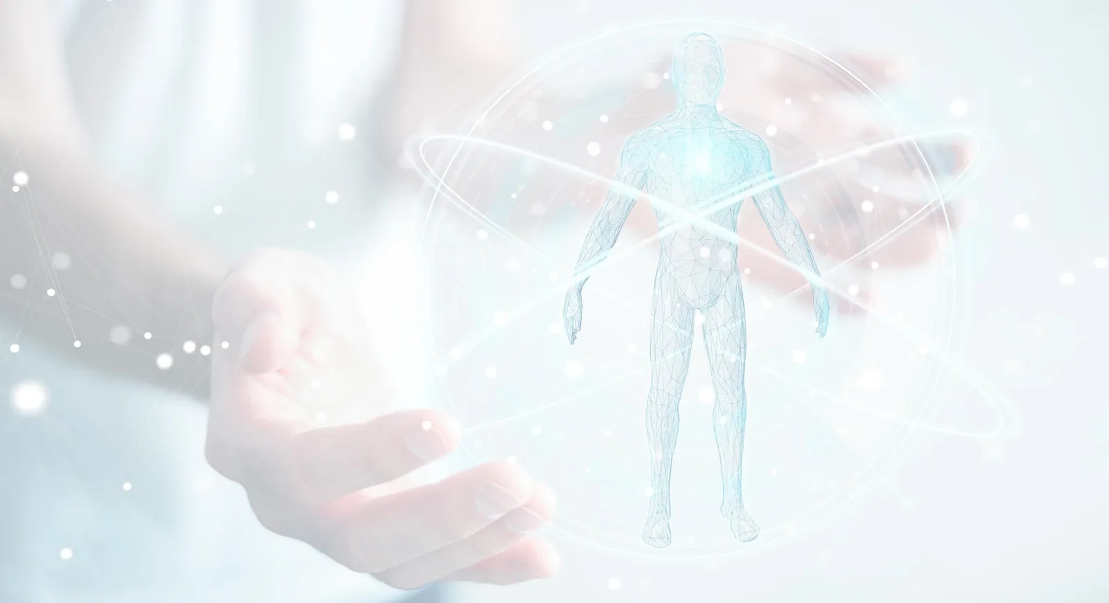 Digitale Illustration einer blauen menschlichen Figur mit Energielinien und leuchtenden Punkten