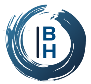 BH-Logo in Blau und Weiß: Buchstaben in Kreis mit Schriftzug