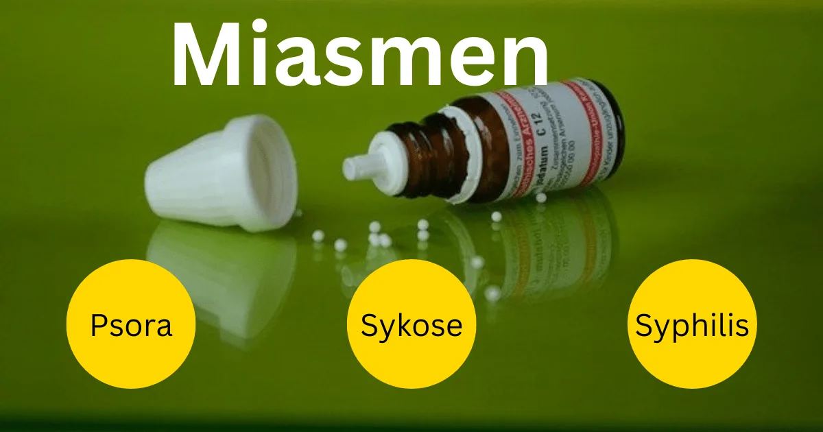 Homöopathische Flasche und Globuli auf grünem Hintergrund mit den drei Miasmen Psora, Sykose, Syphilis
