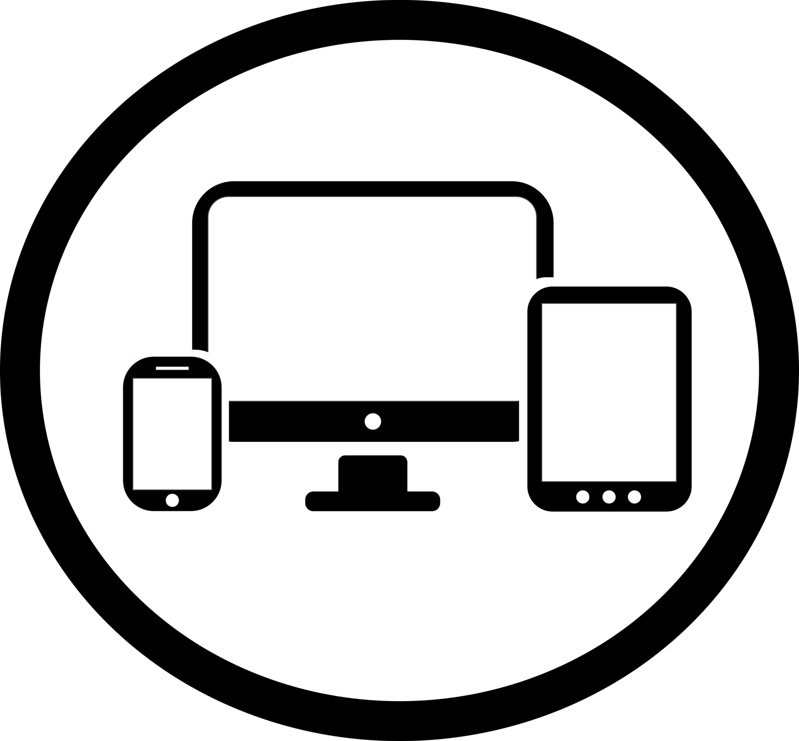 Icon mit Smartphone, Monitor und Tablet in kreisem Rahmen, symbolisiert Multi-Device-Zugang