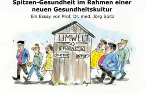 Essay-Thumbnail mit Cartoon-Illustration von Menschen und Haus mit Aufschrift Umwelt Epigenetik Input Output