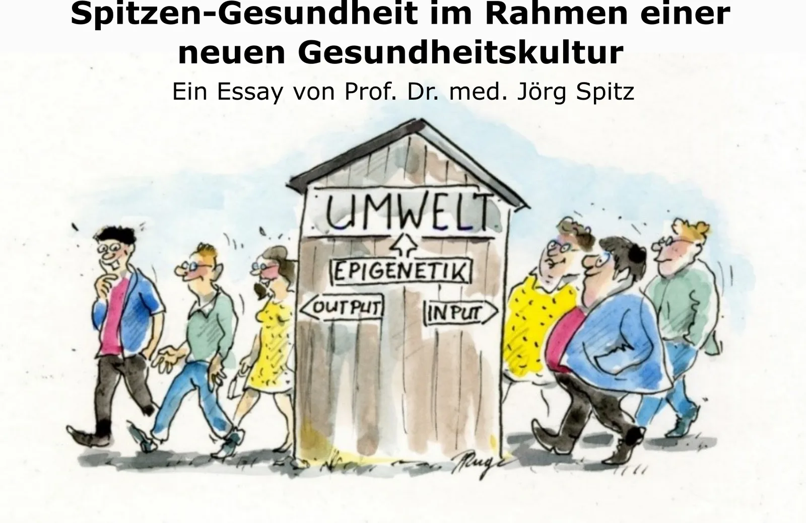 Essay-Thumbnail mit Cartoon-Illustration von Menschen und Haus mit Aufschrift Umwelt Epigenetik Input Output
