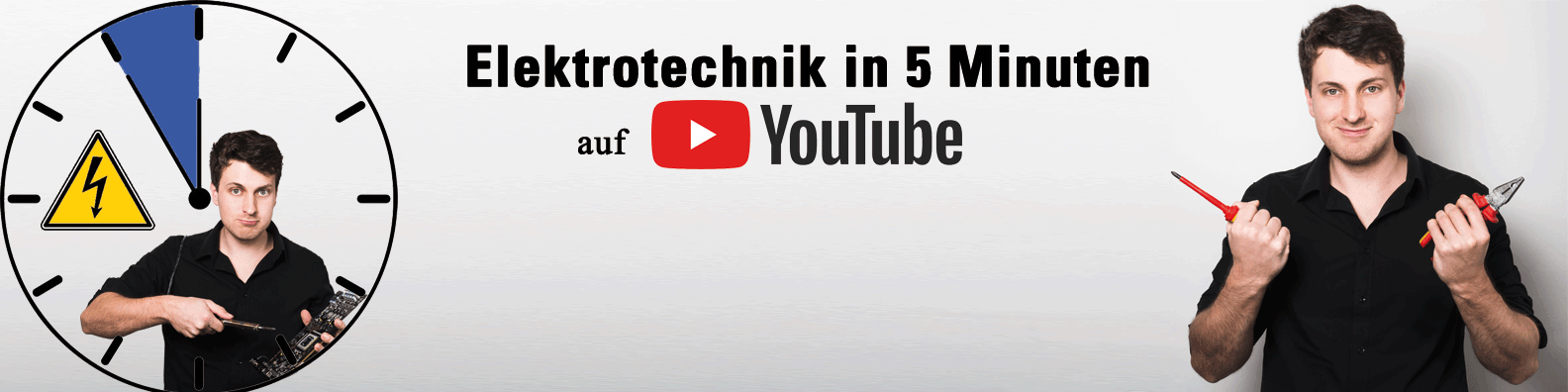 Hero-Banner Elektrotechnik in 5 Minuten mit Alexander Stöger, YouTube-Logo und Werkzeugen