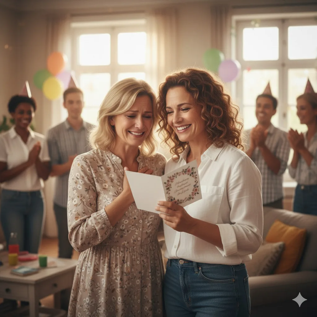 Zwei Frauen freuen sich über gelungene Grußkarte bei Party mit Ballons
