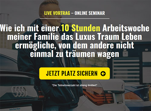 GunnarKessler.com Online Webinar – Seminar zu digitalen Produkten 1 Webinar-Banner mit Mann vor Audi-Logo und gelbem Call-to-Action-Button