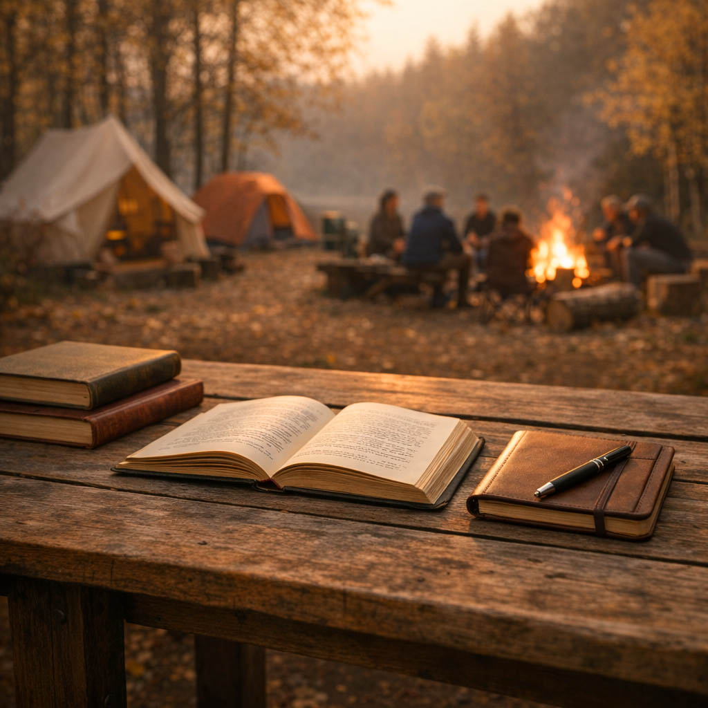 Holztisch mit offenen Büchern und Notizbuch im Herbstwald-Lagerfeuer-Setting