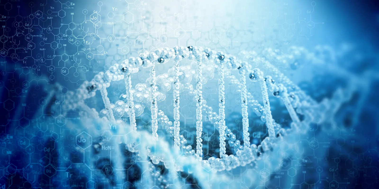 DNA-Doppelhelix mit chemischen Strukturformeln und Hexagonen, symbolisiert genetische Information und Gene