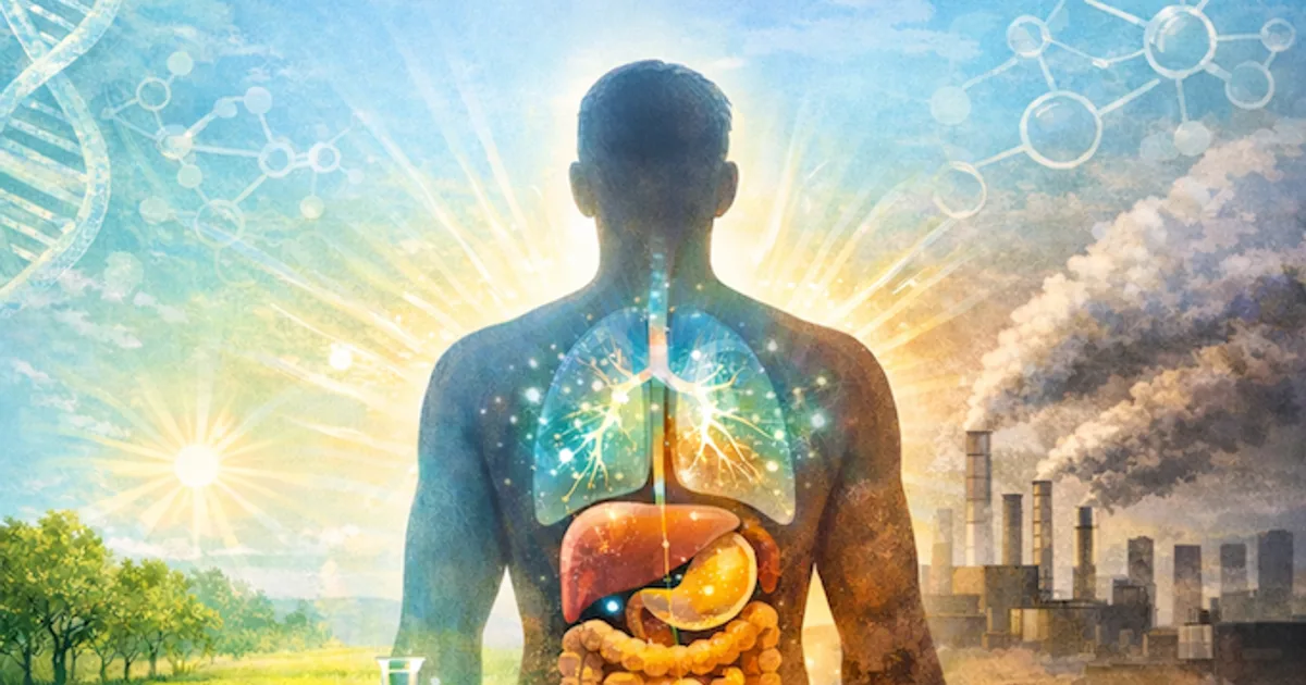 Mensch mit leuchtenden inneren Organen vor Natur- und Industrielandschaft, symbolisiert Entgiftung und Gesundheit