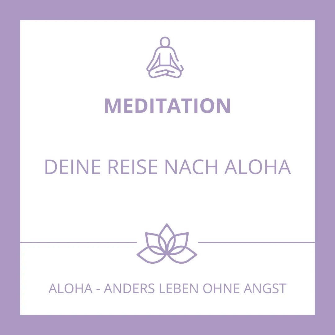 Meditation-Card mit violettem Lotus-Symbol und Text zur Aloha-Reise auf Weiß und Lila