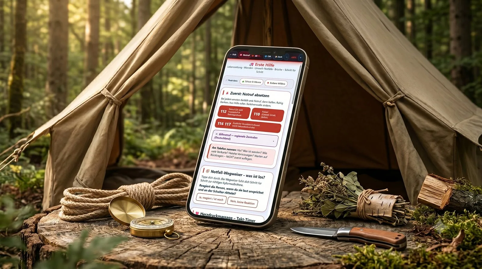 GZ Survival Kompass App auf Smartphone in Wald-Shelter mit Kompass, Seil und Kräuterbündel