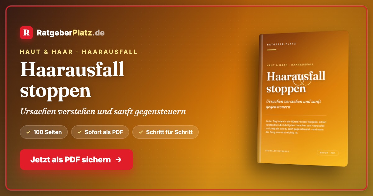 Haarausfall stoppen – E-Book zur Haargesundheit 2 Hero-Banner Haarausfall stoppen mit RatgeberPlatz Logo, Buch-Cover und Call-to-Action Button