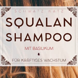 Squalan Shampoo mit Basilikum für kräftigen Haarwuchs, braune Haare im Hintergrund