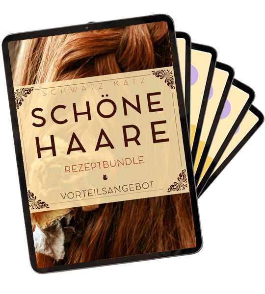 Digitale Produktmockup des Schöne Haare Bundles auf Tablet mit aufgefächerten eBook-Seiten