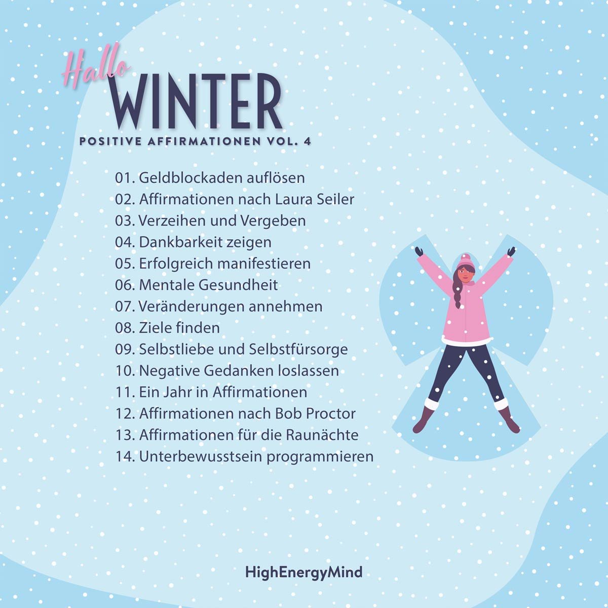 Inhaltsverzeichnis für Hallo Winter mit 14 Affirmations-Tracks auf blauem Schneefluss-Hintergrund