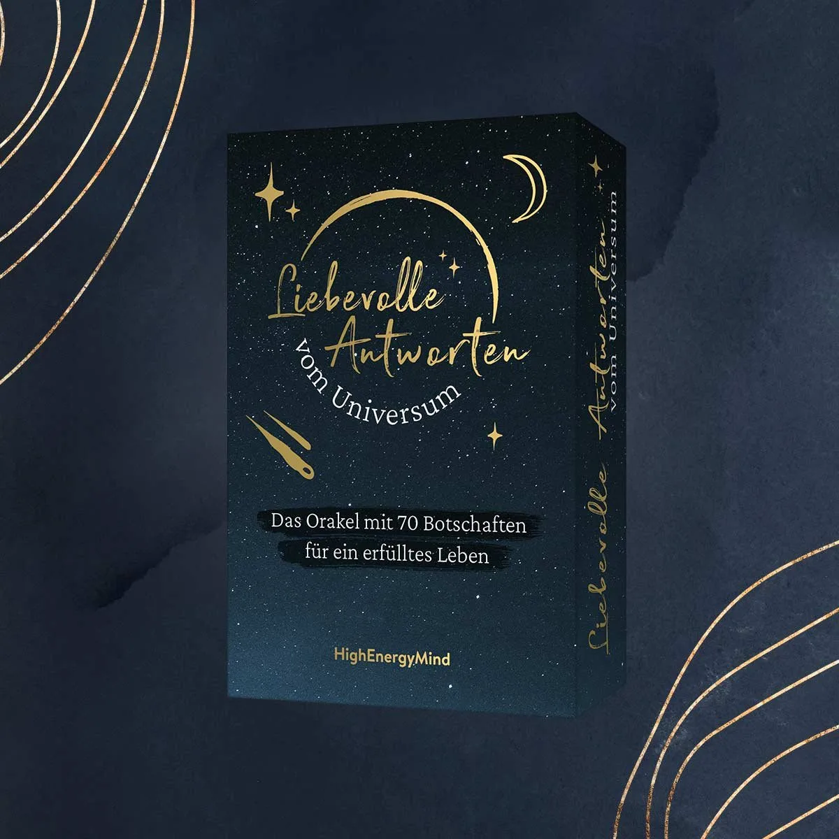 Liebevolle Antworten vom Universum Kartenset-Box mit Mond und Sternen in Gold auf dunklem Hintergrund