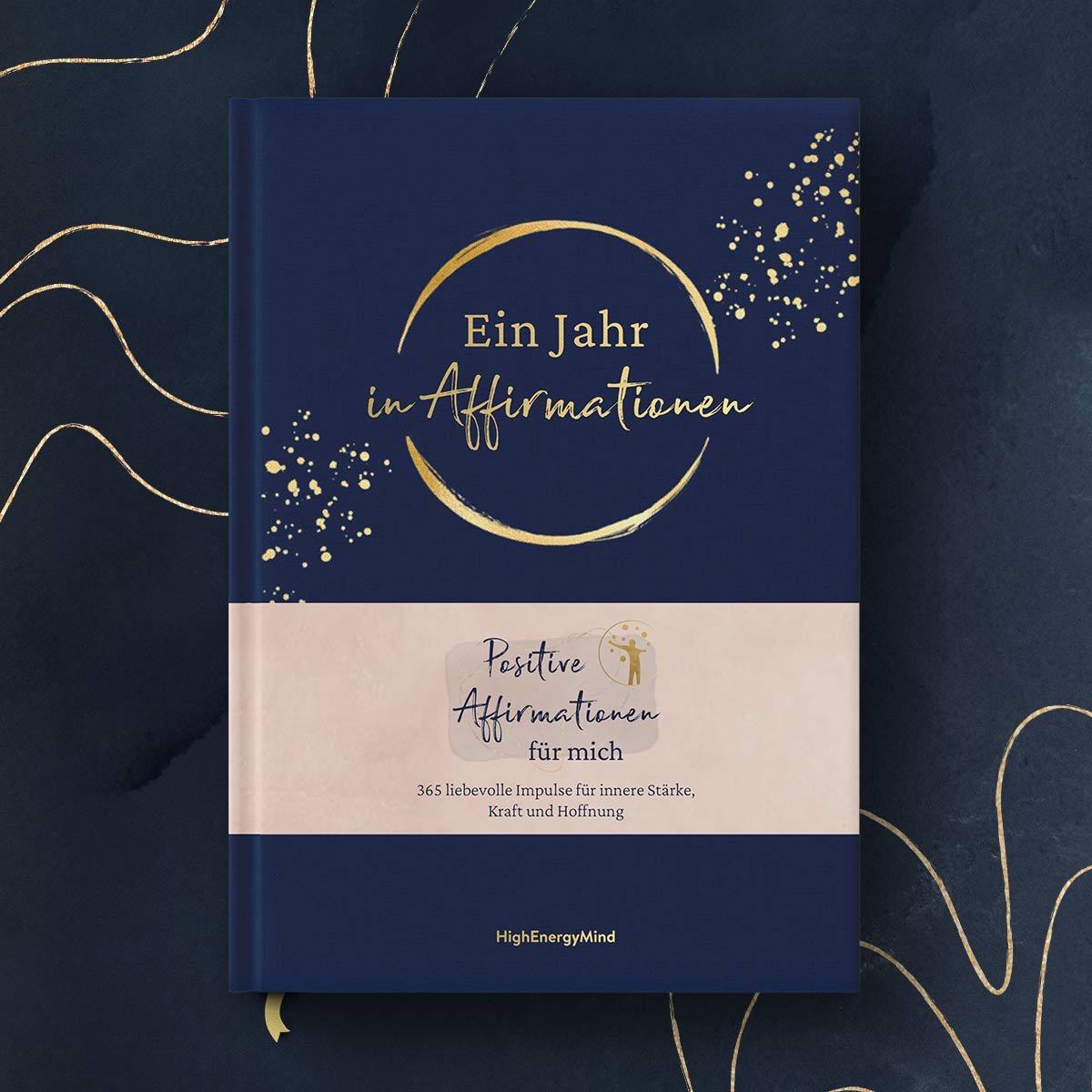 Gebundenes Jahrbuch Ein Jahr in Affirmationen mit goldenen Linien-Elementen auf dunkelbauem Leinen