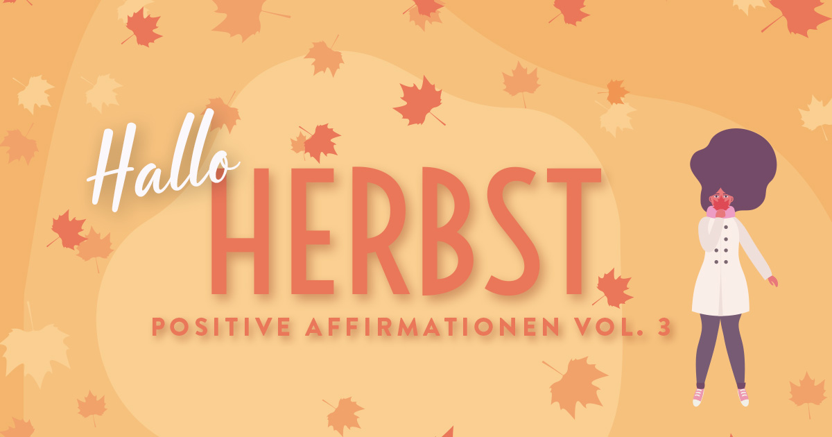 Social-Media-Banner für Hallo Herbst mit Illustration einer Frau in weißem Kleid vor gelbem Hintergrund mit roten Blättern