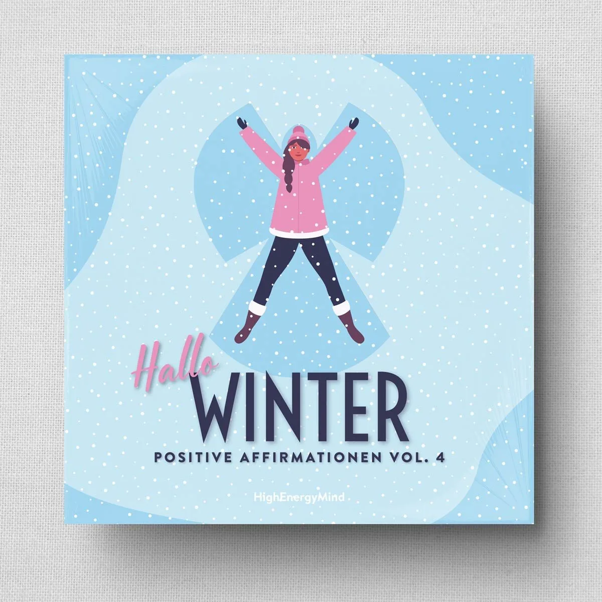 Produktmockup eines quadratischen Kartonsets für Hallo Winter Vol. 4 auf Textiluntergrund