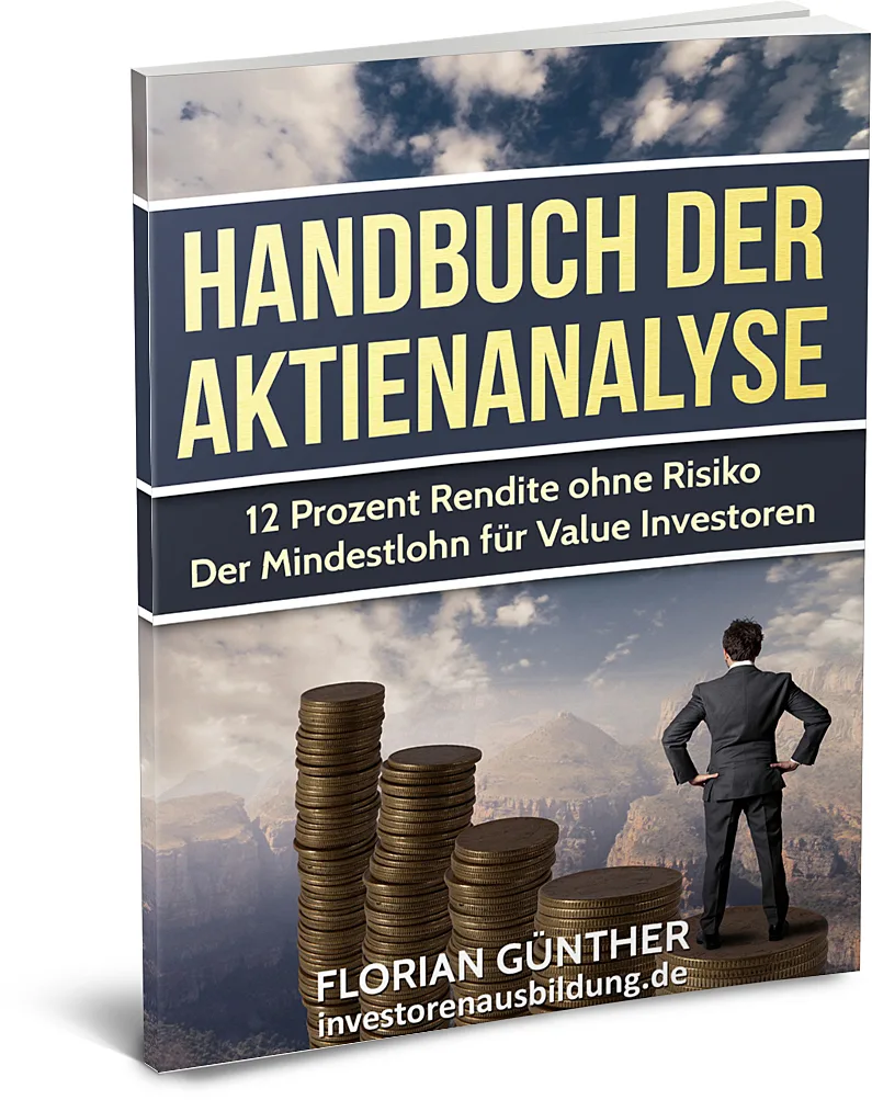Handbuch der Aktienanalyse 3D-Cover mit Berglandschaft, Münzstapel und Geschäftsmann