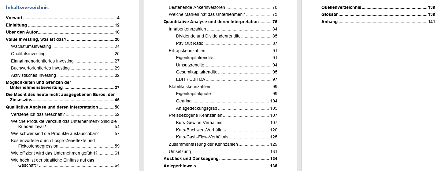 Inhaltsverzeichnis des Handbuchs mit Kapiteln zu Value Investing und Aktienanalyse