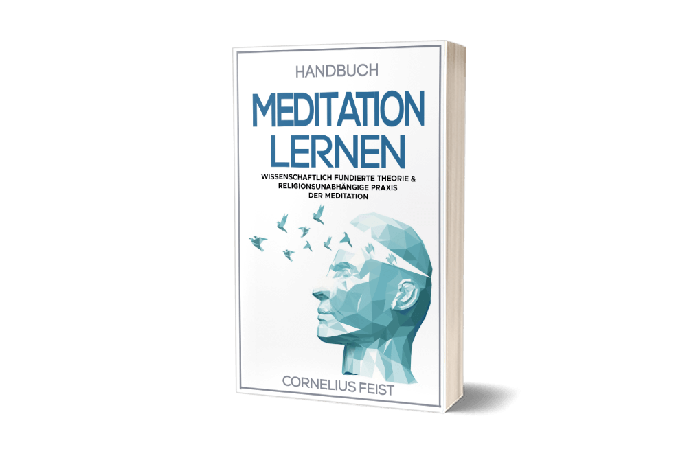 Handbuch Meditation lernen von Cornelius Feist, 3D-Buchcover mit geometrischer Kopfillustration und Vögeln