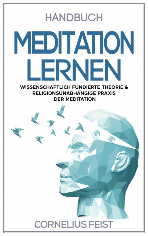 E-Book Cover Handbuch Meditation lernen mit blauem Kopf und Vögel-Illustration, hochformat