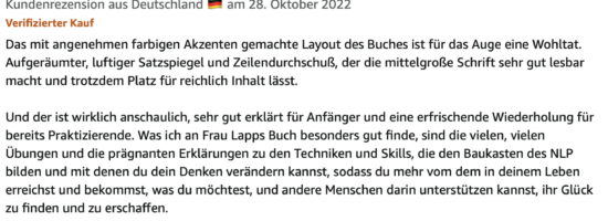 Das große Handbuch für den systemischen NLP-Practitioner 3 Kundenbewertung von Kundenrezension aus Deutschland vom 28. Oktober 2022: Verifizierter Kauf, 5 Sterne, Text zur Buchqualität