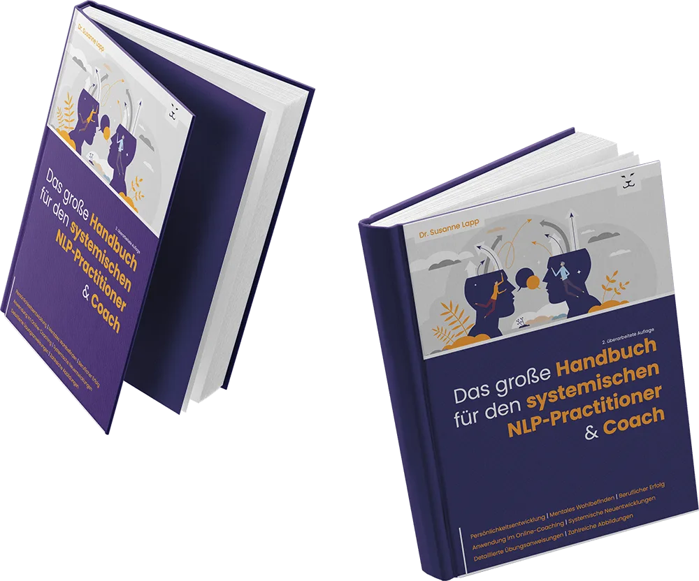 Das große Handbuch für den systemischen NLP-Practitioner 11 3D-Mockup: Aufgeschlagenes Buch und seitliche Buchabbildung von Das große Handbuch für den systemischen NLP-Practitioner & Co