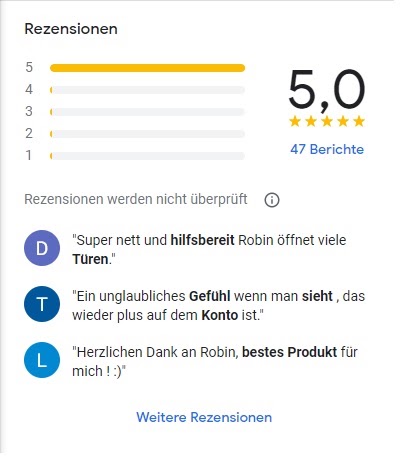 Google-Bewertung 5,0 Sterne mit 47 Berichte und Kundenfeedback-Auszüge zum Handelsroboter