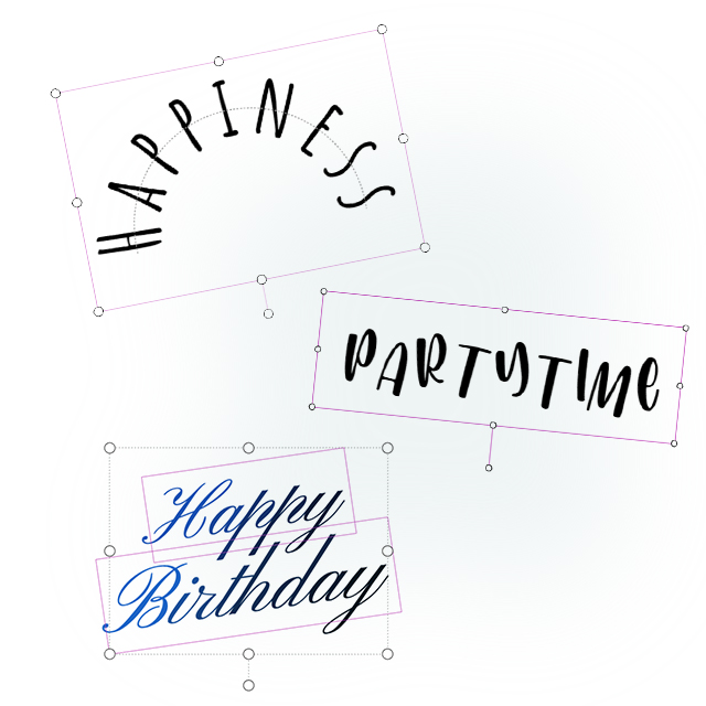 Bearbeitung von Texten Happy, Partytime und Happy Birthday mit Transformations-Werkzeugen und Selektionspunkten