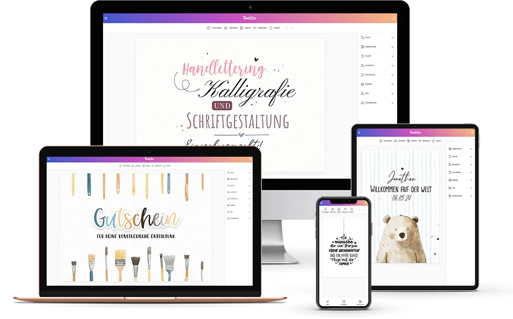 Handlettering-Generator Plus auf Desktop, Tablet und Smartphone mit verschiedenen Designbeispielen und Kalligrafie-Vorlagen