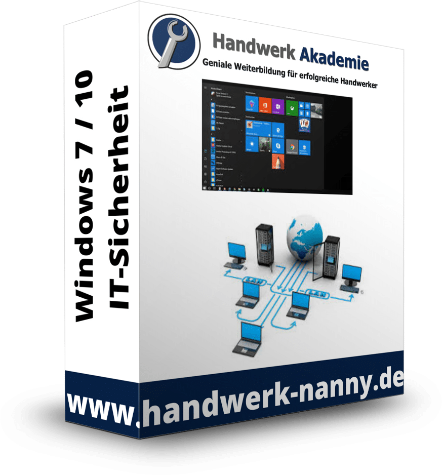 Produktbox Windows 7 und IT-Sicherheit mit System-Monitor und Netzwerk-Illustration