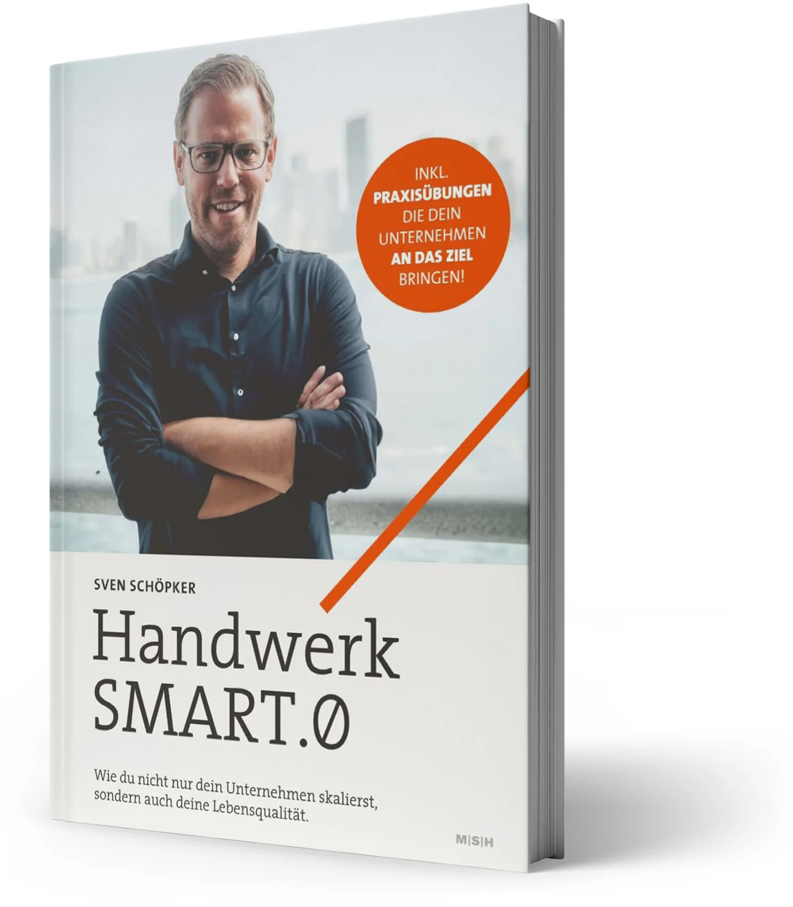 Buchcover Handwerk Smart.0 mit Sven Schöpker im Porträt und orange Akzenten