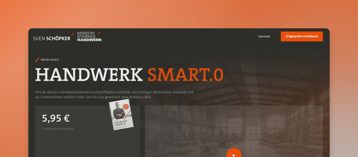 Hero-Banner mit Handwerk Smart.0 Titel auf orange Hintergrund mit Werkstatt-Motiv