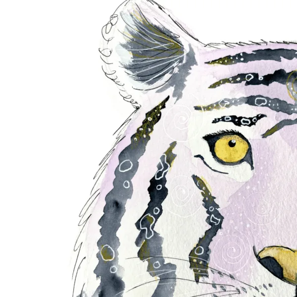 Tiger-Kunstwerk mit gestreiftem Fell und gelbem Auge in Aquarelltechnik