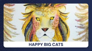 Happy Big Cats Malkurs Hero-Bild mit buntem Löwenporträt in Gelb, Rosa und Blau