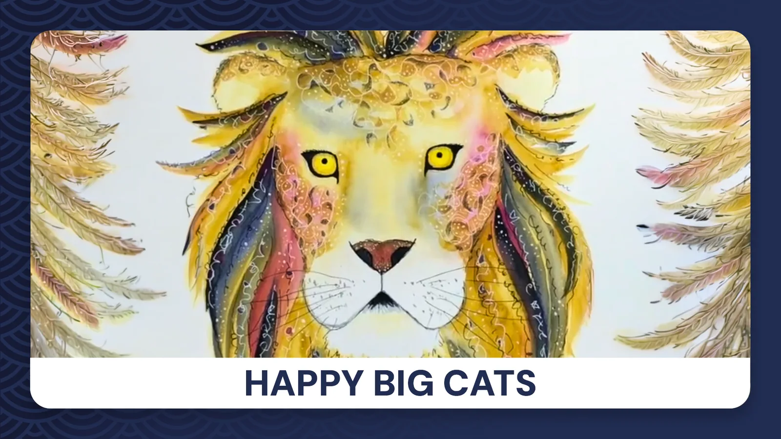 Happy Big Cats Malkurs Hero-Bild mit buntem Löwenporträt in Gelb, Rosa und Blau
