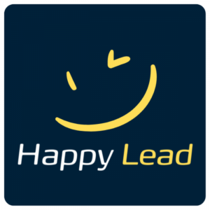 Happy Lead Partnerprogramm Logo mit gelbem Smiley-Gesicht auf dunkelblauem quadratischem Hintergrund