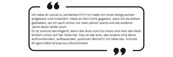 Testimonial über Notgroschenbau und Auto-Investment mit positiven finanziellen Auswirkungen